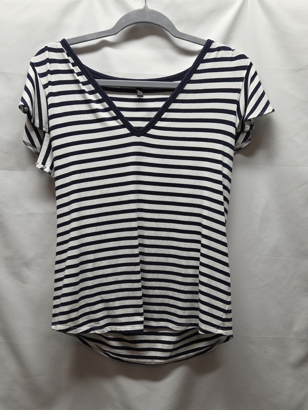 White House Black Market Navy & White Striped V-Neck Short Sleeve Tee